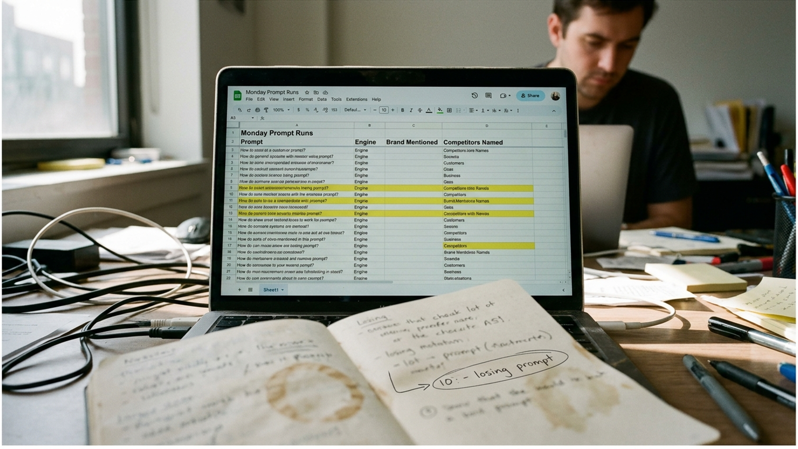 Spreadsheet styled as a search terms report showing AI prompts, brand mentions and competitor gaps