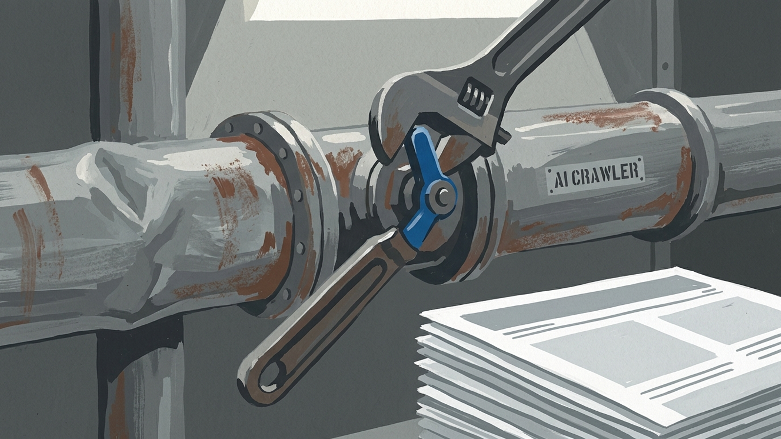 Wrench tightening a pipe labeled AI crawler while web pages wait downstream