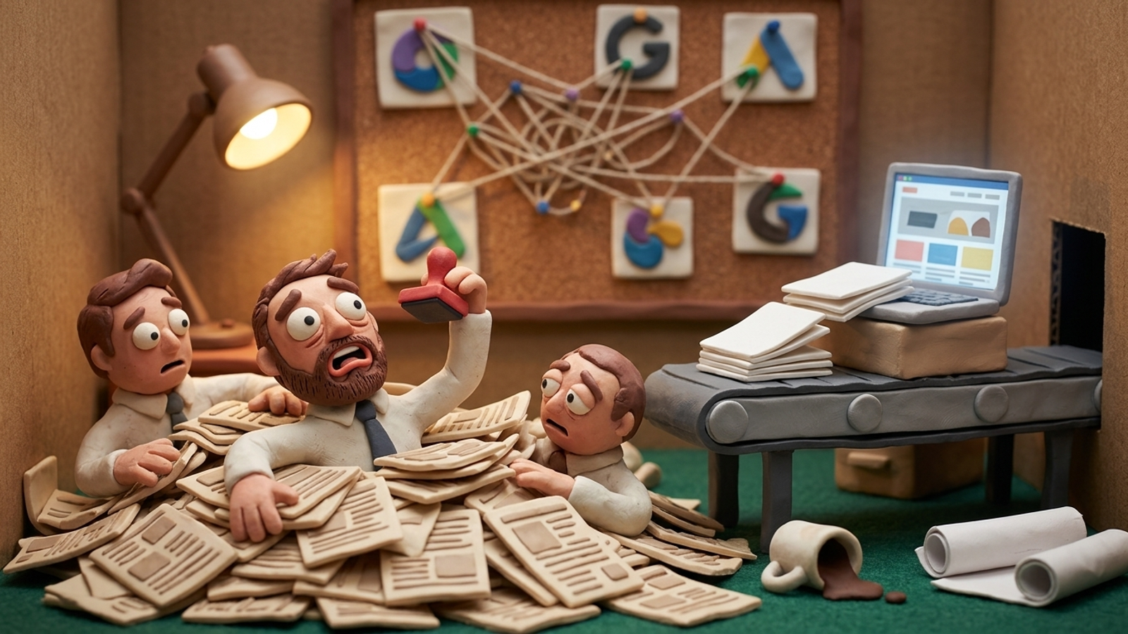 Claymation agency workers buried under paper while a conveyor feeds pages into a website