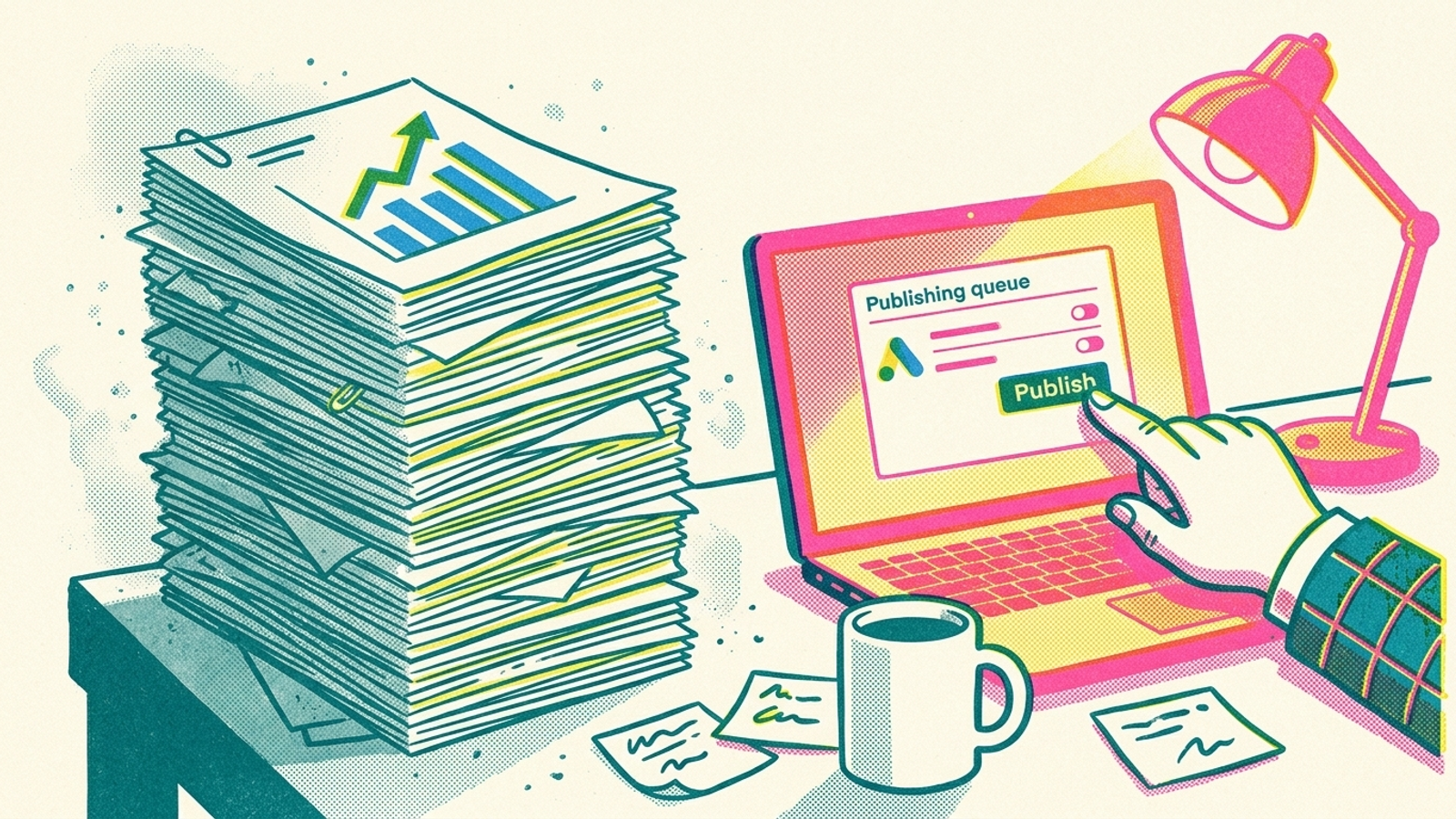 Printed AI visibility reports beside a laptop showing published fixes
