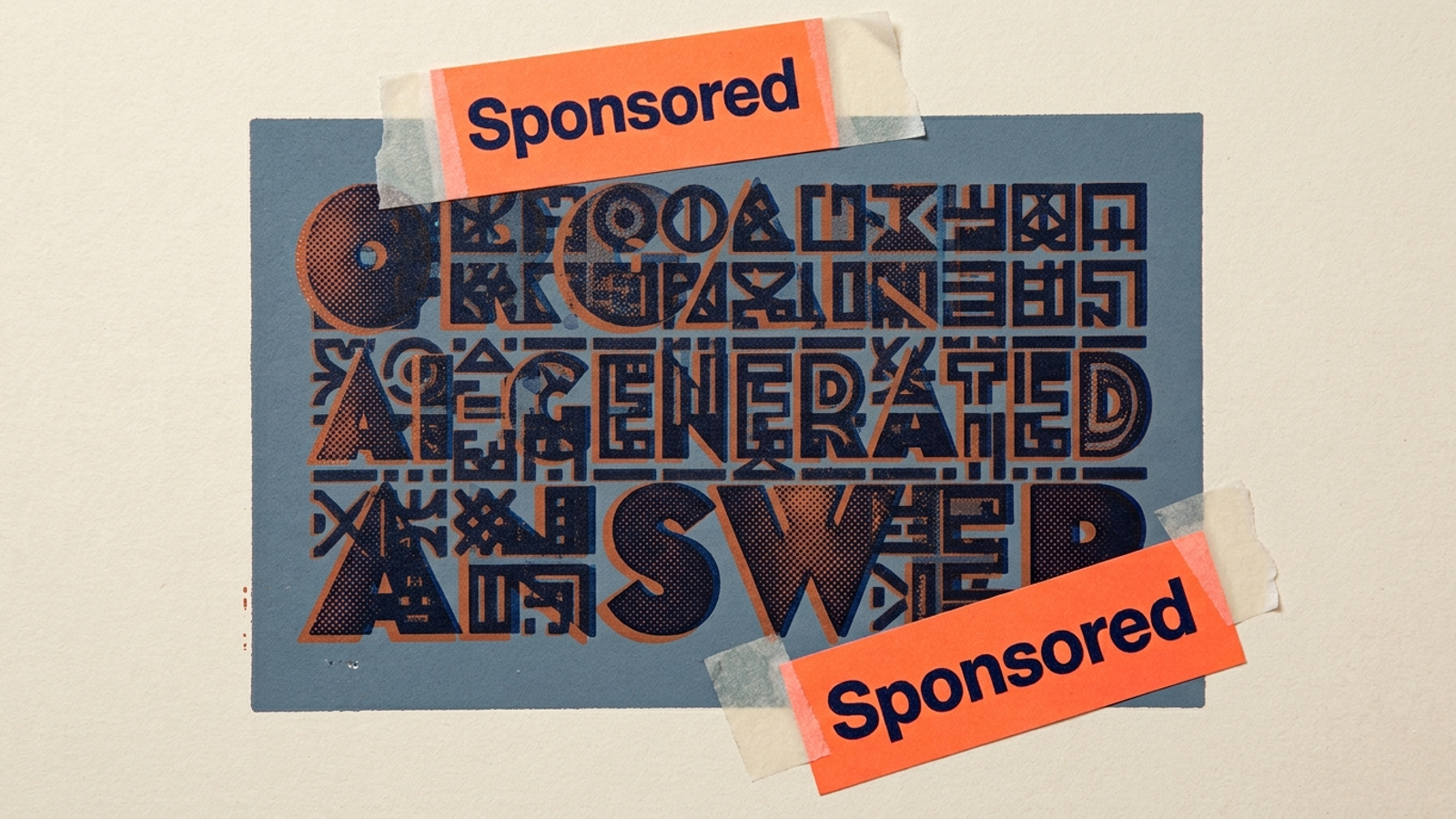 Temporary sponsored stickers taped over printed text, contrasting paid ads with AI citations.