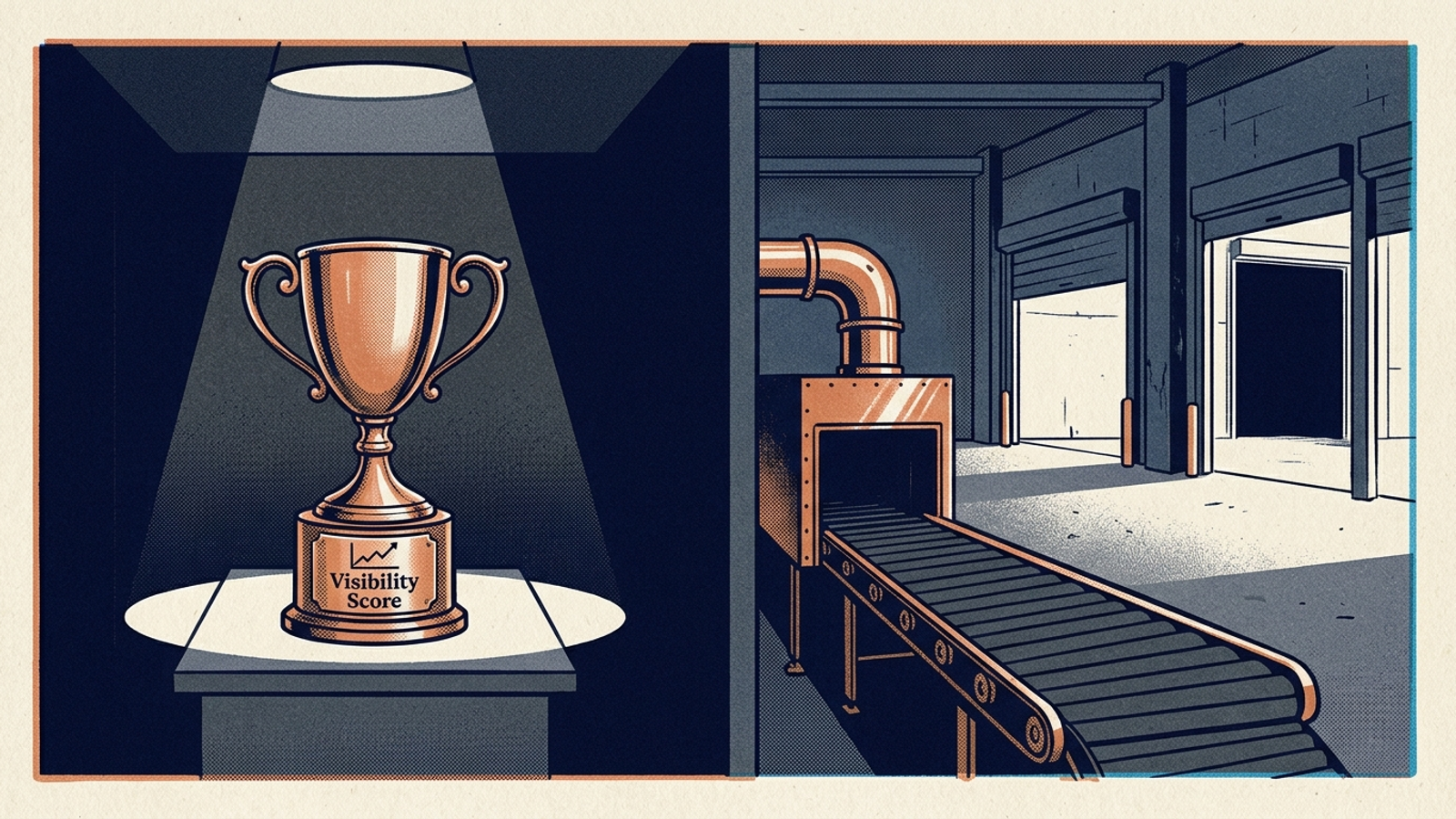 A glowing visibility-score trophy beside an empty factory loading dock.