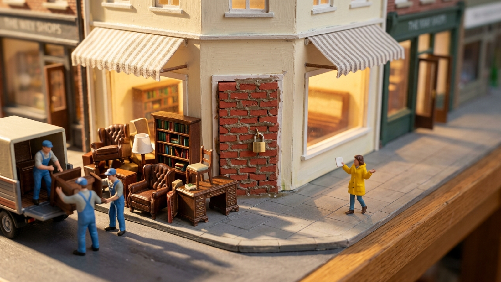 Miniature movers stack fine furniture outside a showroom whose door is bricked shut: good content piling up where no visitor can get in.