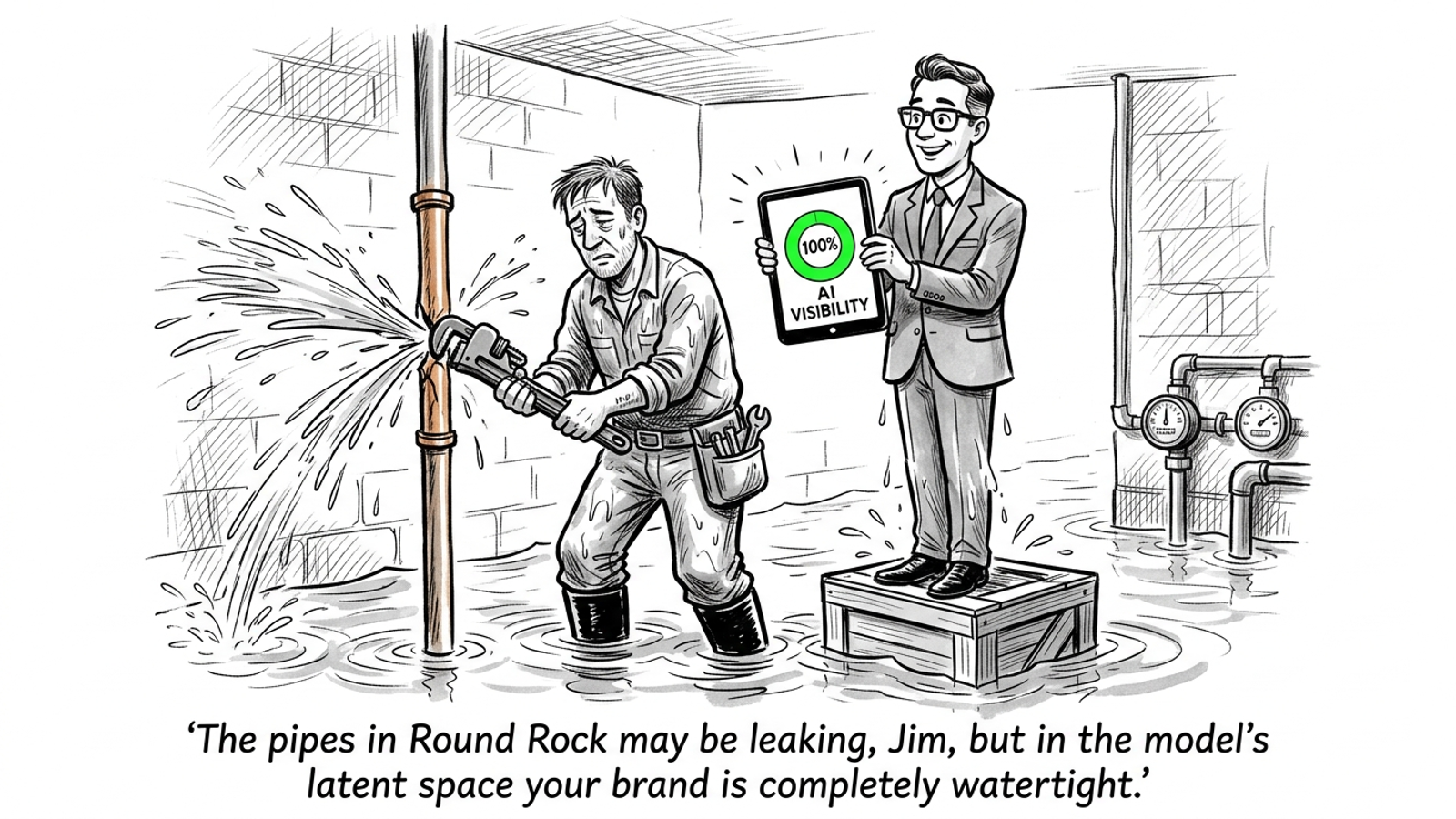 A cartoon plumber knee-deep in a flooded basement while a consultant points to a 100% green AI visibility chart.