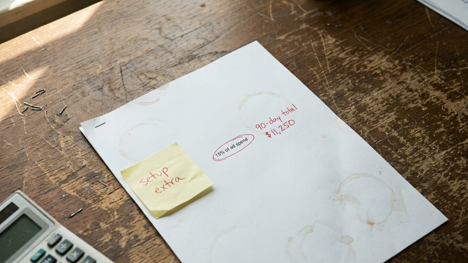 Overhead photo of an agency contract with a percentage fee circled and a handwritten 90-day total in the margin