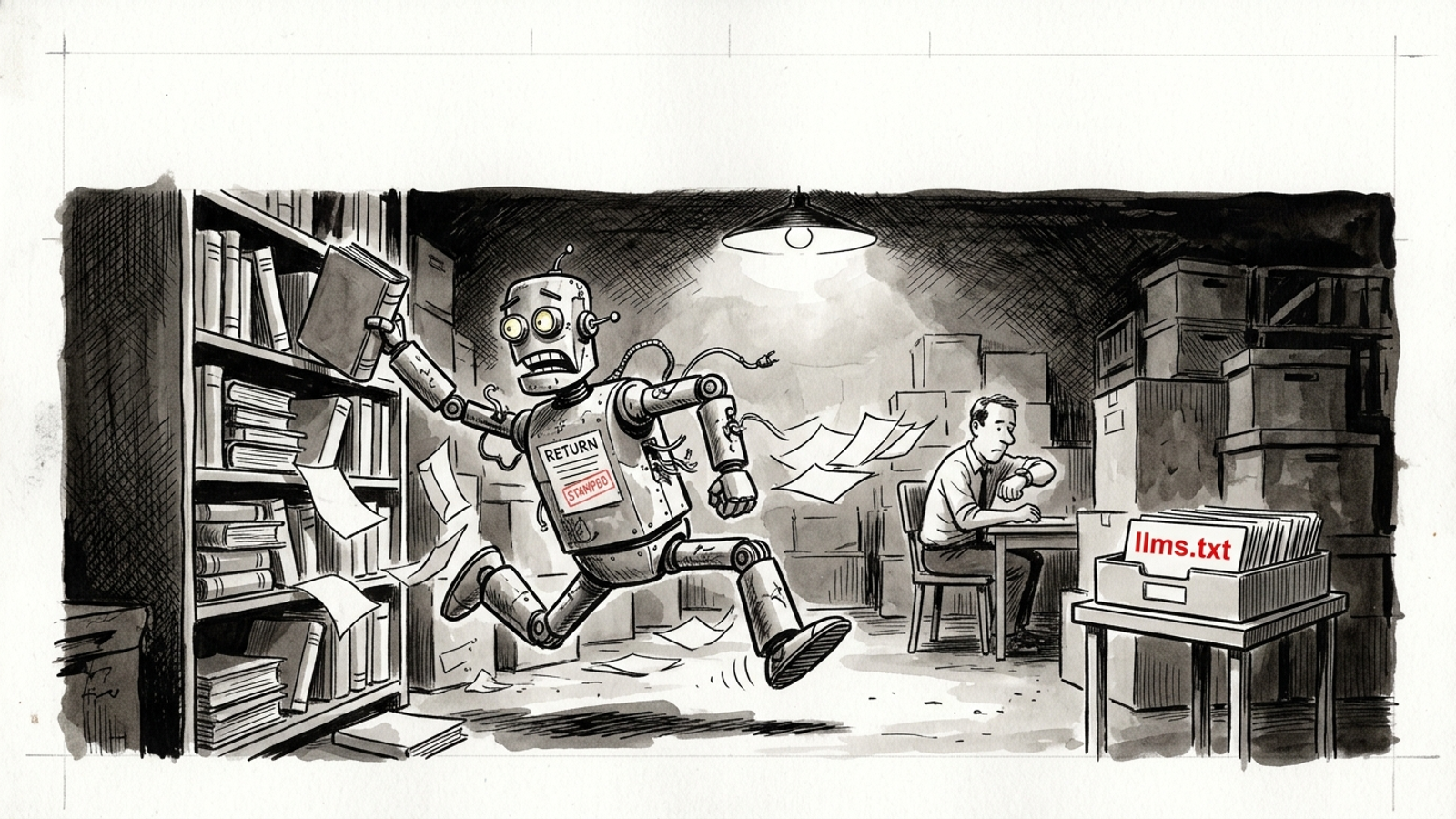 Ink cartoon of a robot librarian fetching one book while ignoring a labeled file