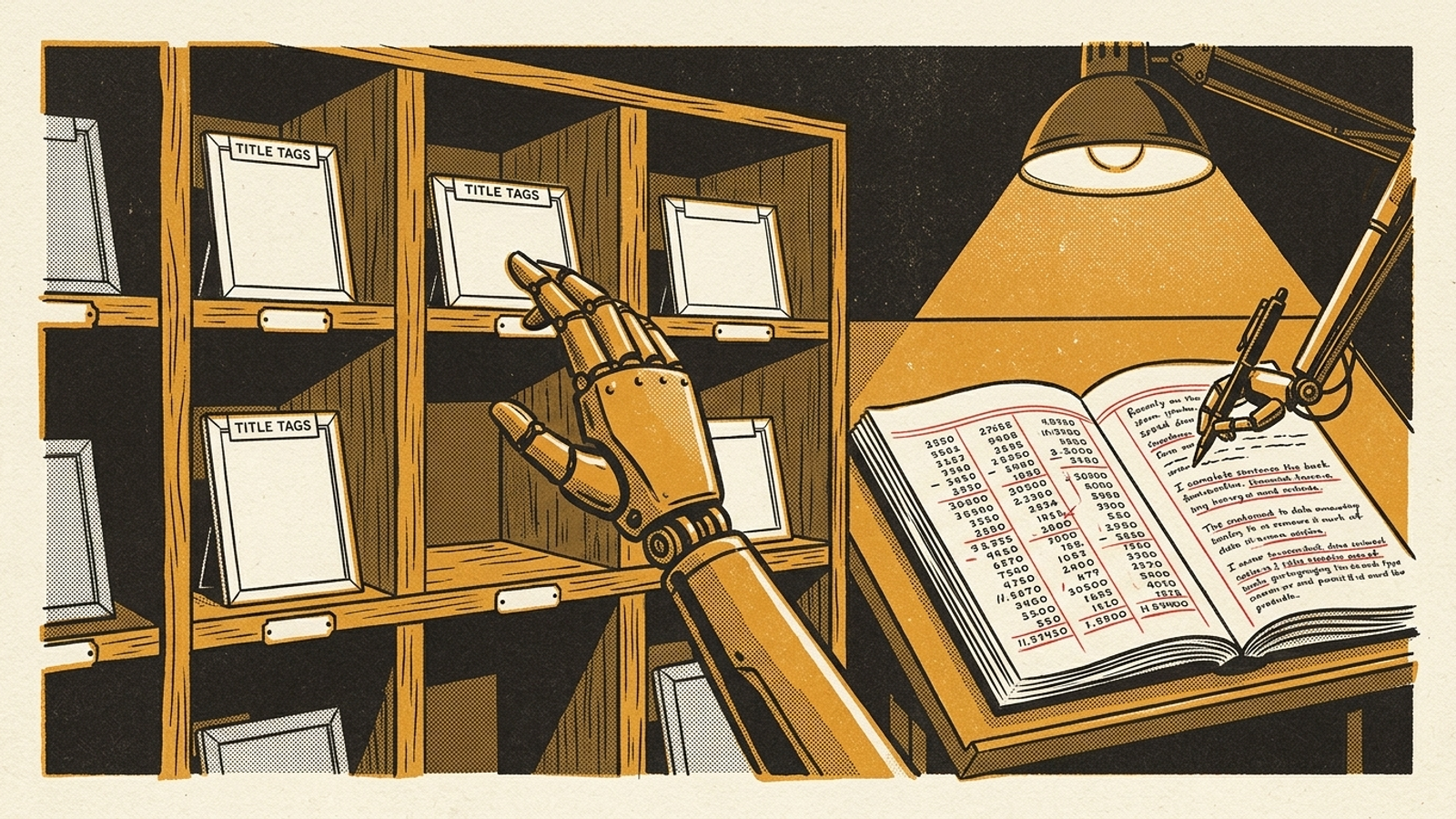 Illustration of a robotic sorting claw inspecting blank cards beside a detailed ledger.