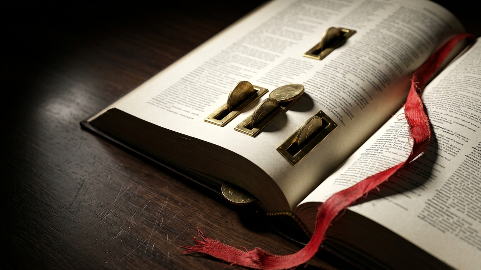 An open dictionary with brass coin slots cut beside its entries, coins wedged in, suggesting every pricing term secretly meters your usage.