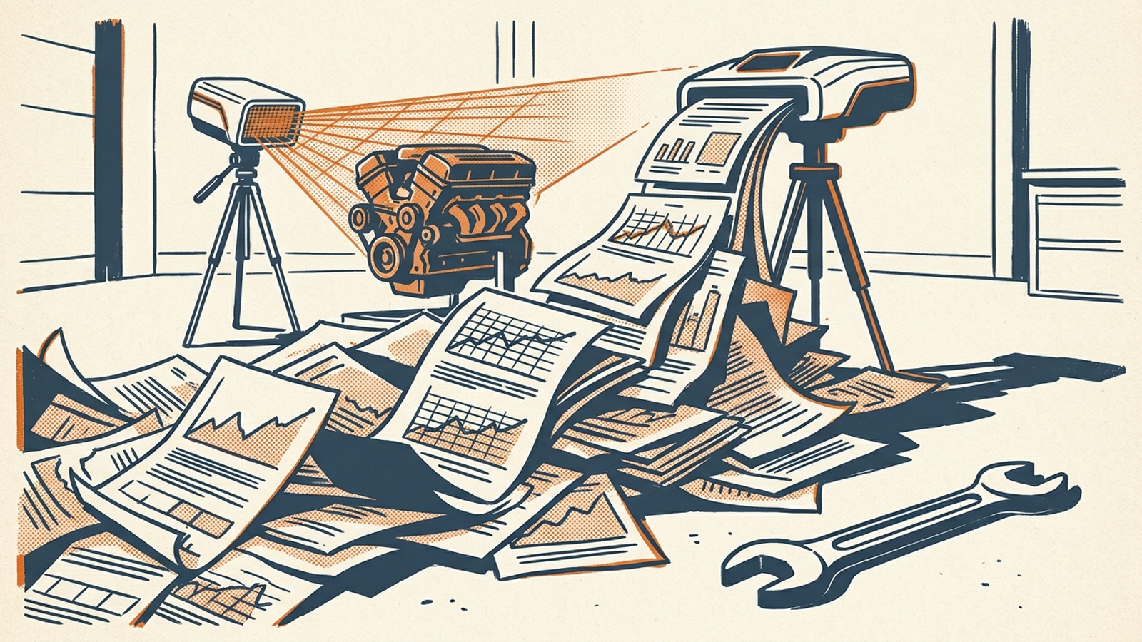 A diagnostic scanner prints reports about an engine while an unused wrench lies nearby.