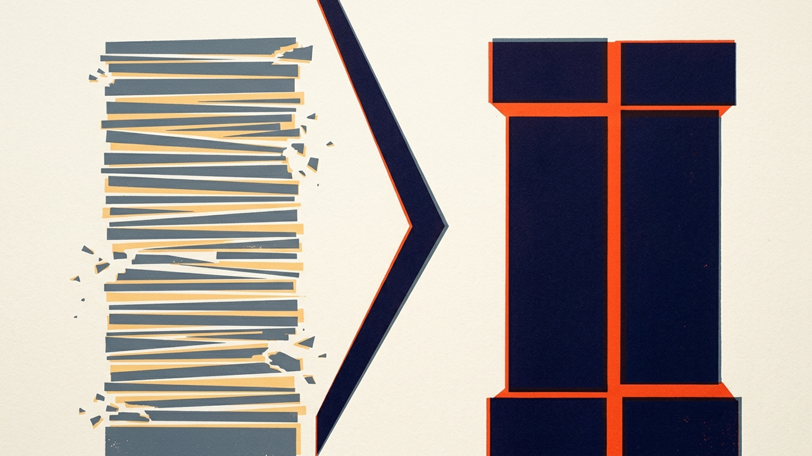 Modernist graphic contrasting fragmented billable hours with a solid flat-retainer block.