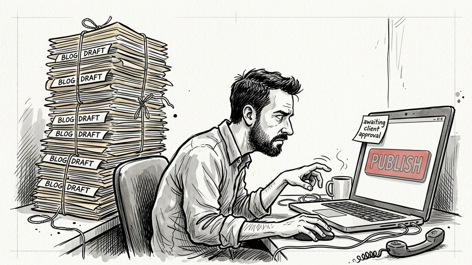 Cartoon of an agency account manager locked out of a client CMS publish button