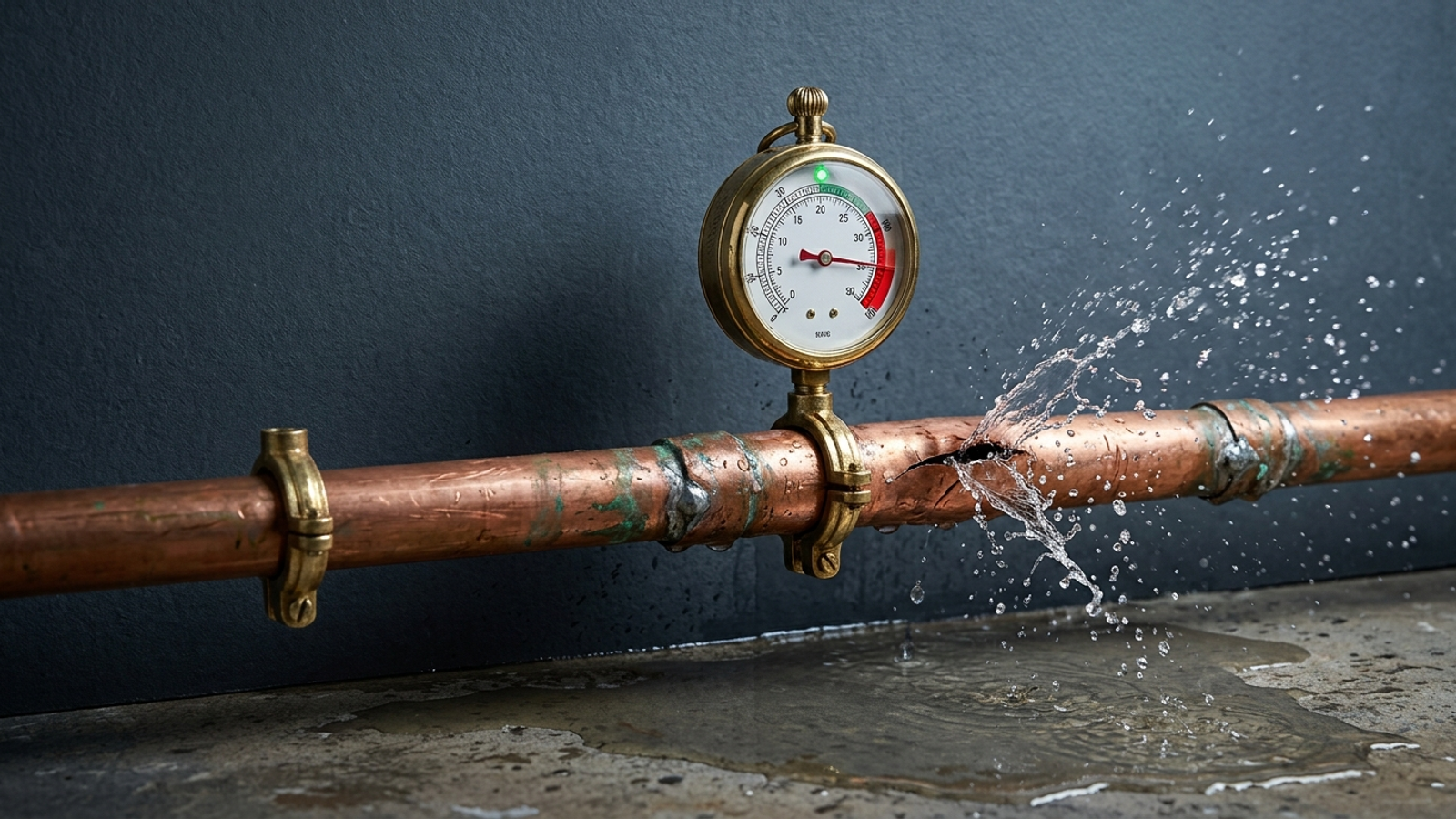A polished gauge clamped to a burst copper pipe reads red while water sprays past it, showing that monitoring a leak doesn't fix it.