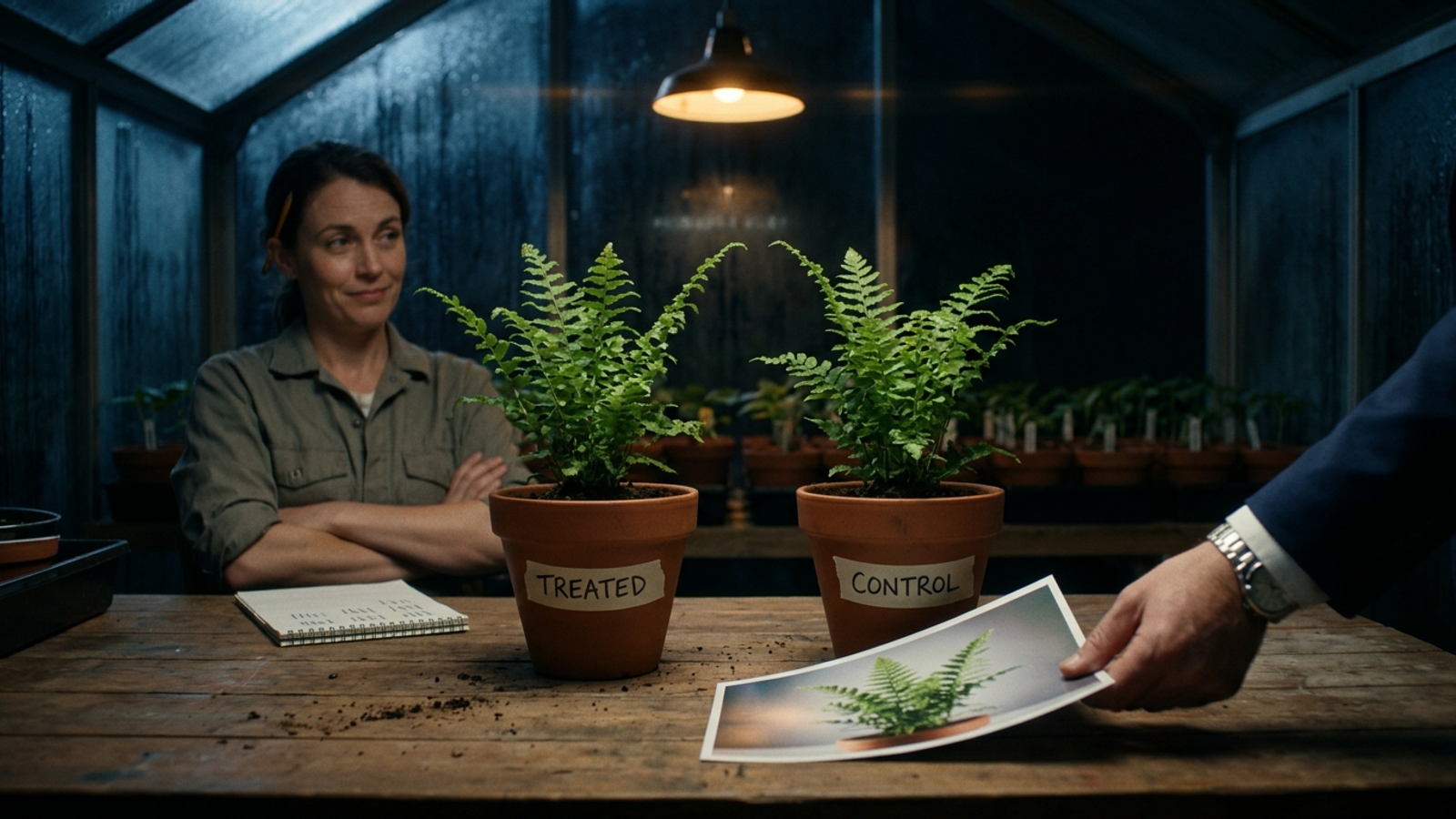 A salesman slides a photo of a thriving 'treated' fern across a bench, but the untouched 'control' fern beside it looks exactly as healthy.