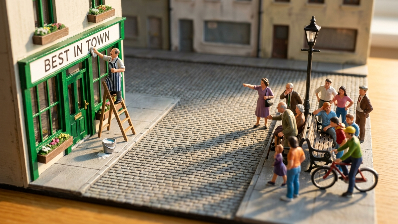 Miniature town square: a shopkeeper polishes his own 'BEST IN TOWN' sign while the townsfolk gather across the square, talking among themselves.