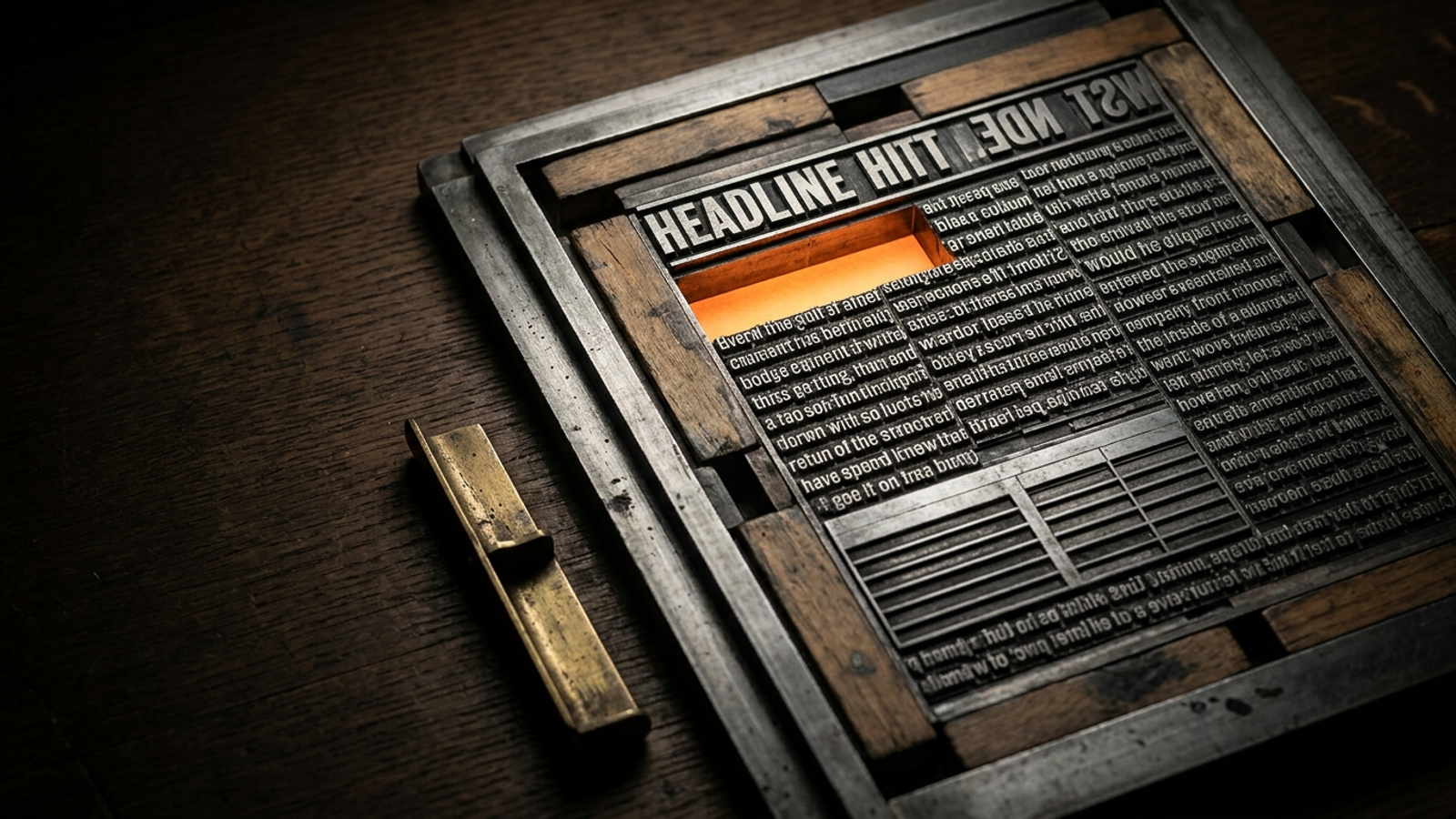 A tightly packed letterpress page of lead type with one empty line glowing orange, showing the gap is a single missing sentence, not a missing page.