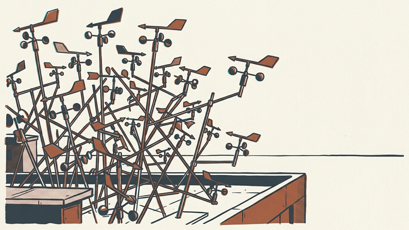 Brass wind vanes on a rooftop pointing in different directions.