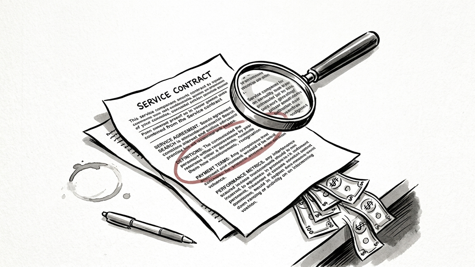 Ink cartoon of a marketer examining a contract while money slips from the back page