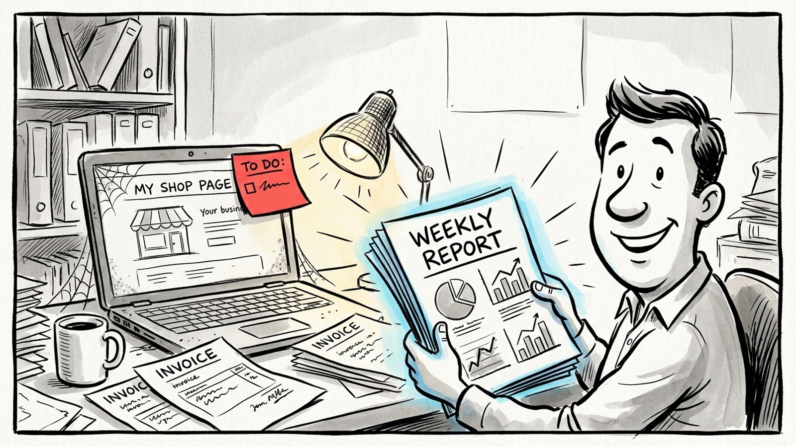 Business owner reading a weekly AI visibility report while the website behind him remains unchanged