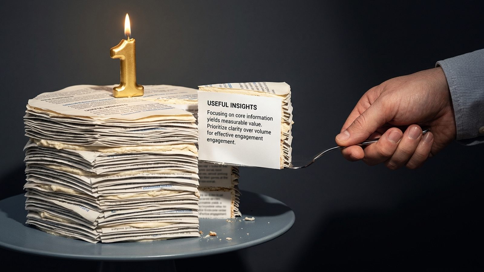 A cake made of stacked web pages with a gold number-one candle, as a server lifts out one neat slice: AI answers take a passage, not the top-ranked page.
