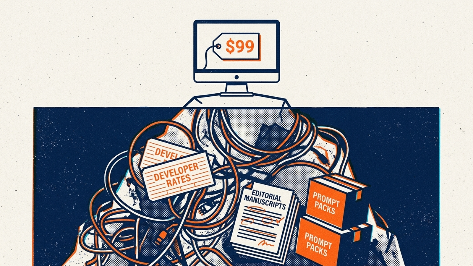 A $99 software dashboard sits above an iceberg of developer hours and content invoices.