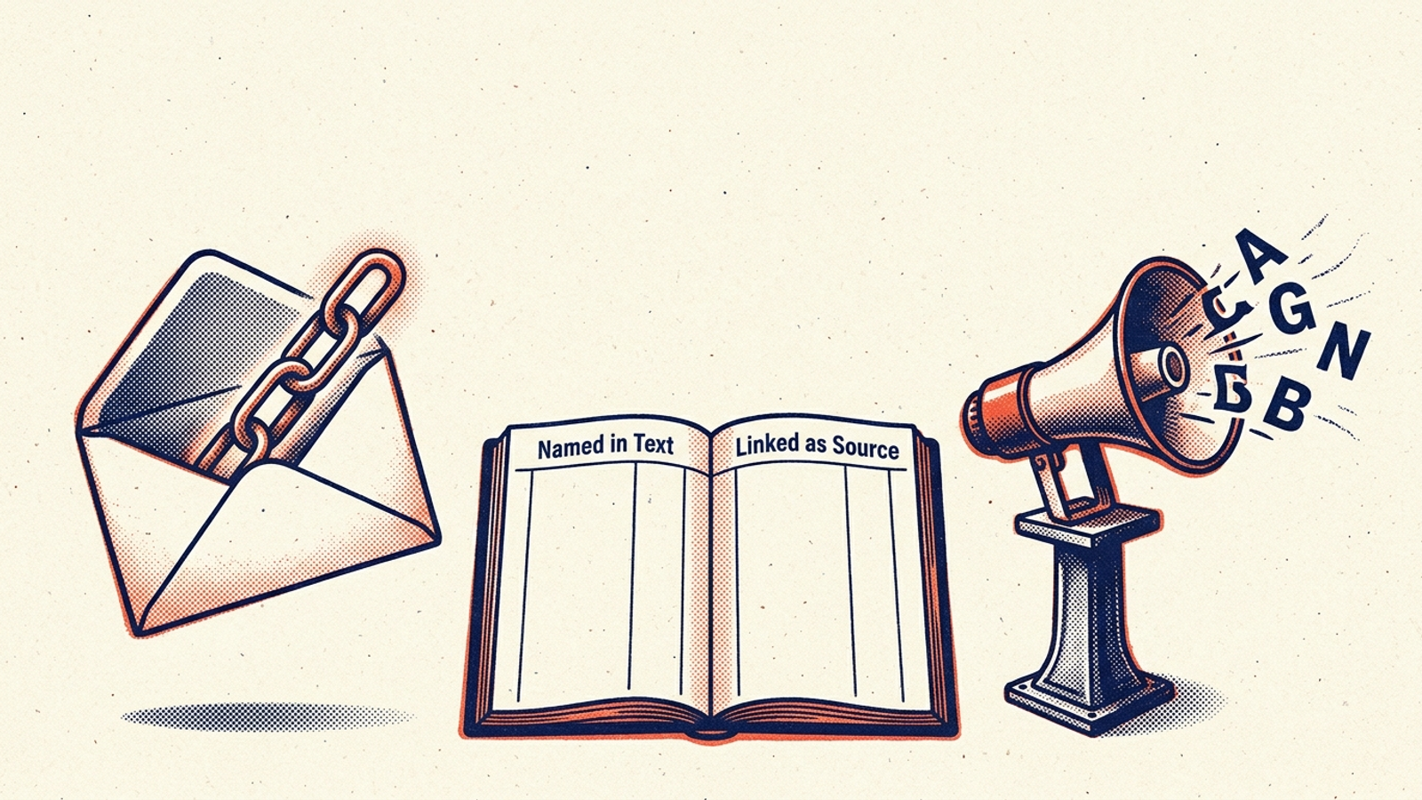 A floating link and a megaphone illustrate the difference between source citations and text mentions.