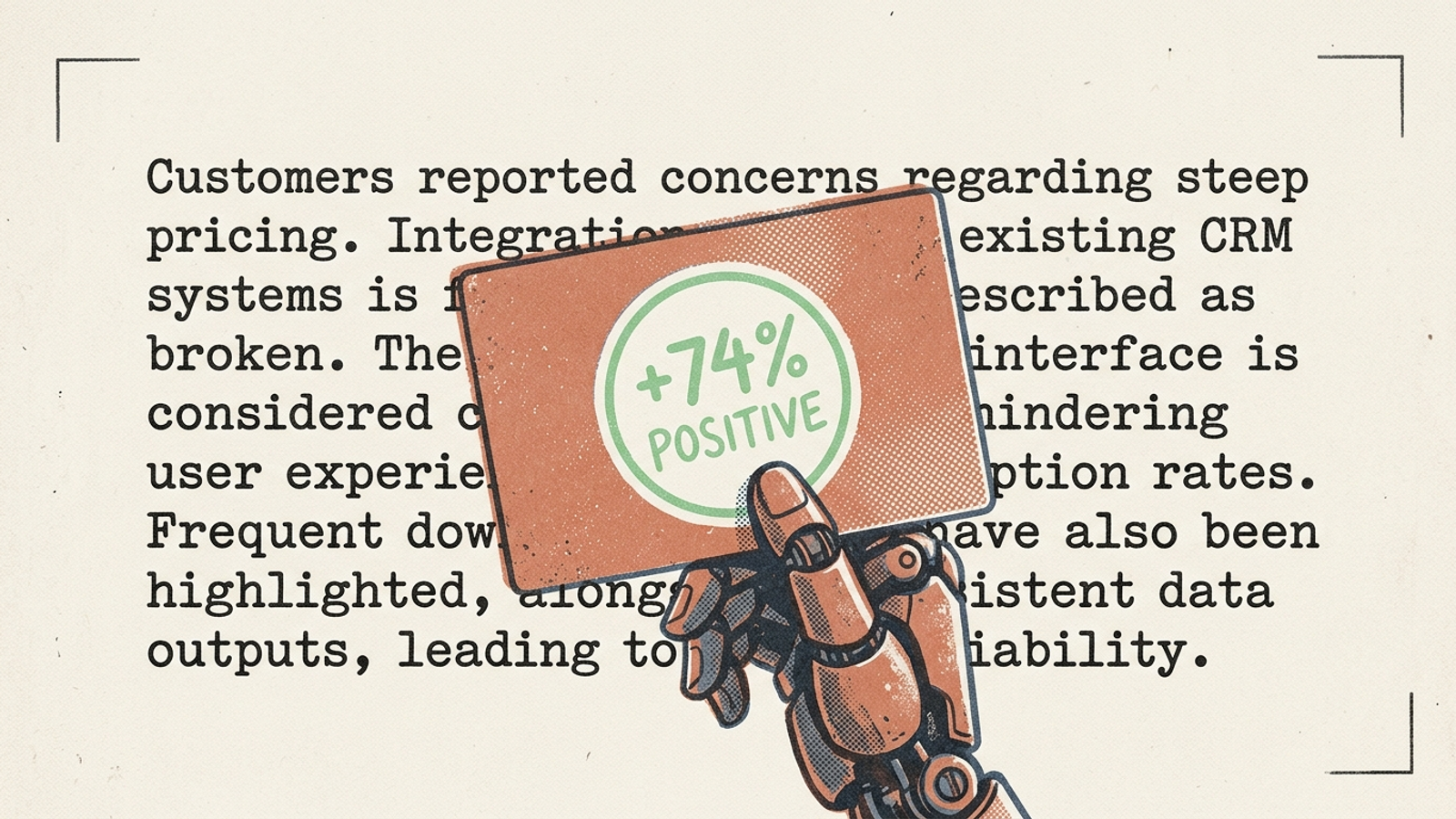 An AI report placing a positive sentiment badge over critical customer reviews.
