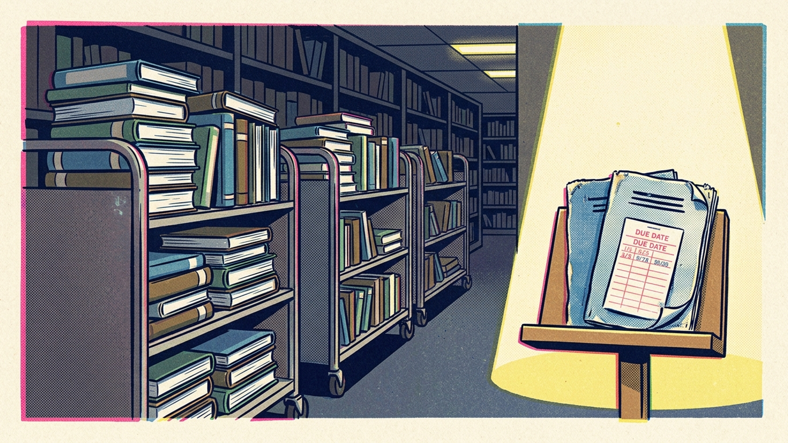 Library carts full of unread books beside two well-used pamphlets