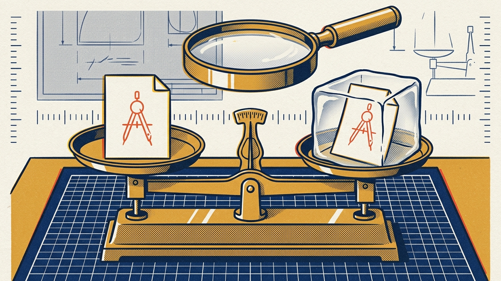 Illustration of two filing cards balanced on a scale beneath a magnifying lens.