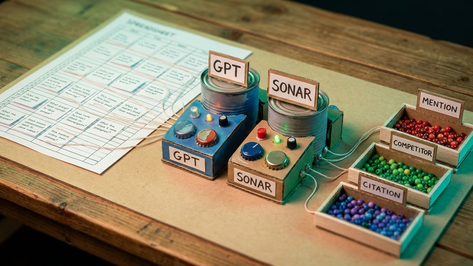 Paper prompt cards feeding two small API machines beside a spreadsheet