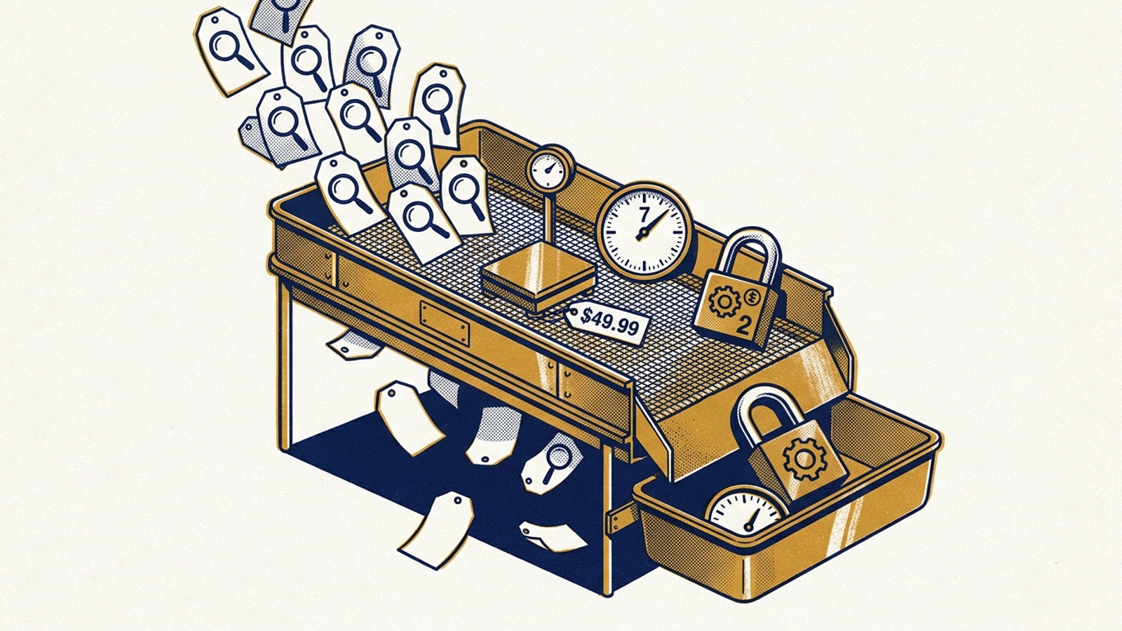 Risograph illustration of a sorting sieve separating detailed prompts about price and operating constraints from generic keywords.