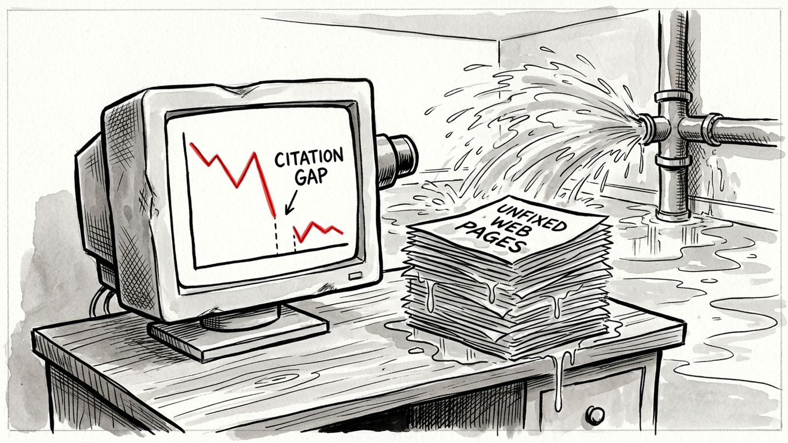 Ink cartoon of a dashboard watching a leak while unfinished pages pile up