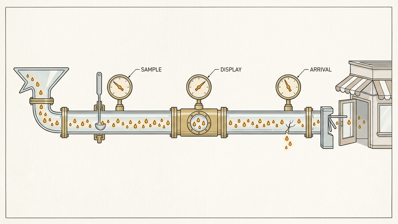 Cutaway of one pipeline with three gauges clamped at different points, each showing a different reading, because each sees a different stretch of the flow.