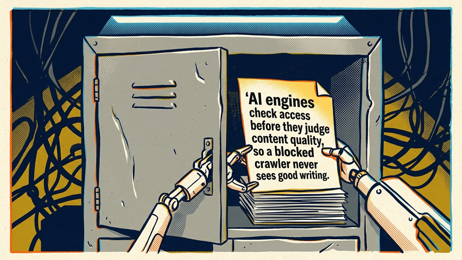 A half-closed server door blocks a robot arm reaching for a page