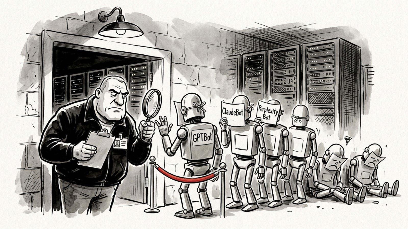 Ink cartoon of a bouncer checking IDs of web crawlers claiming to be AI bots