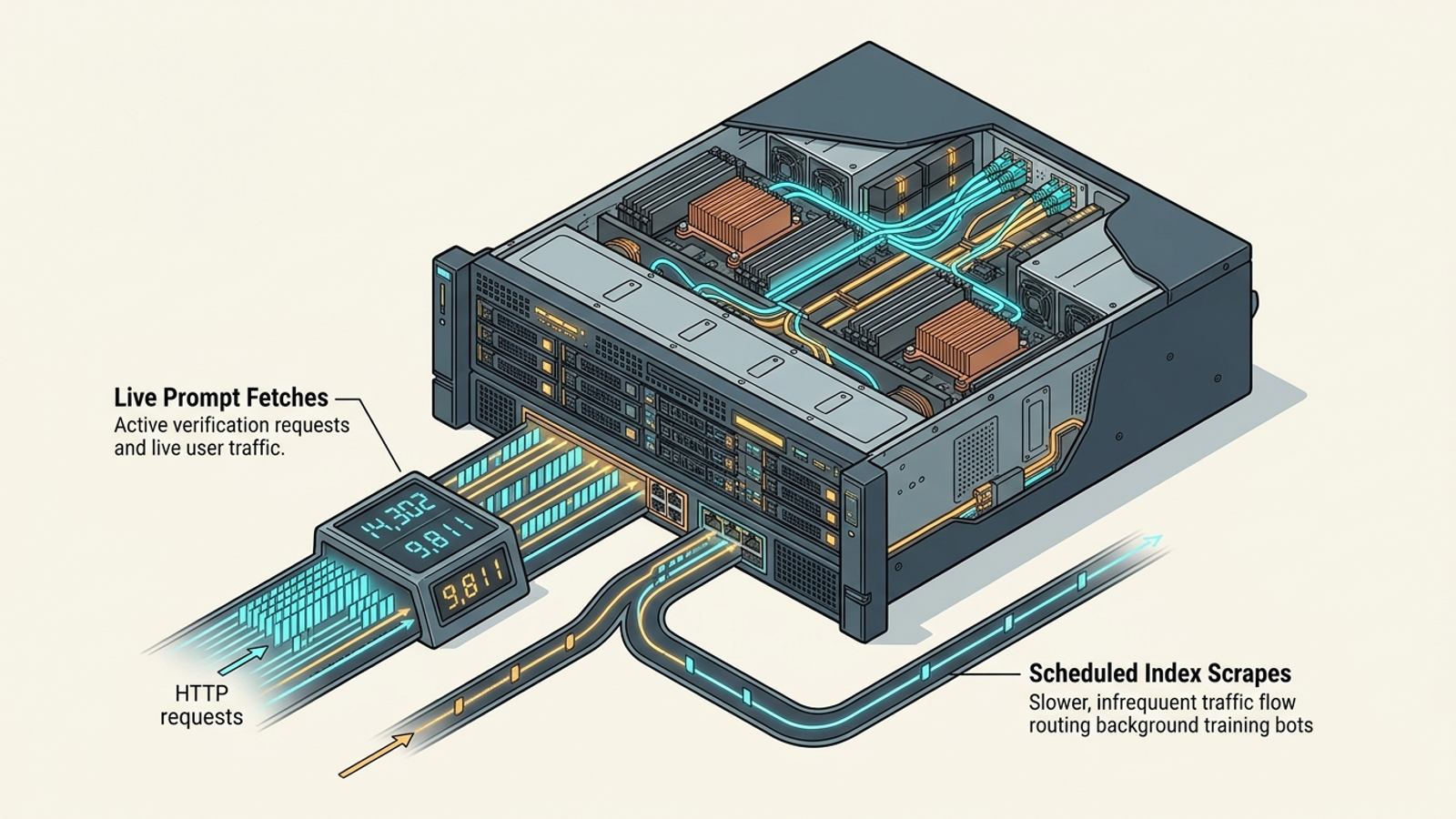 Server-edge diagram separating live AI page requests from background indexing.