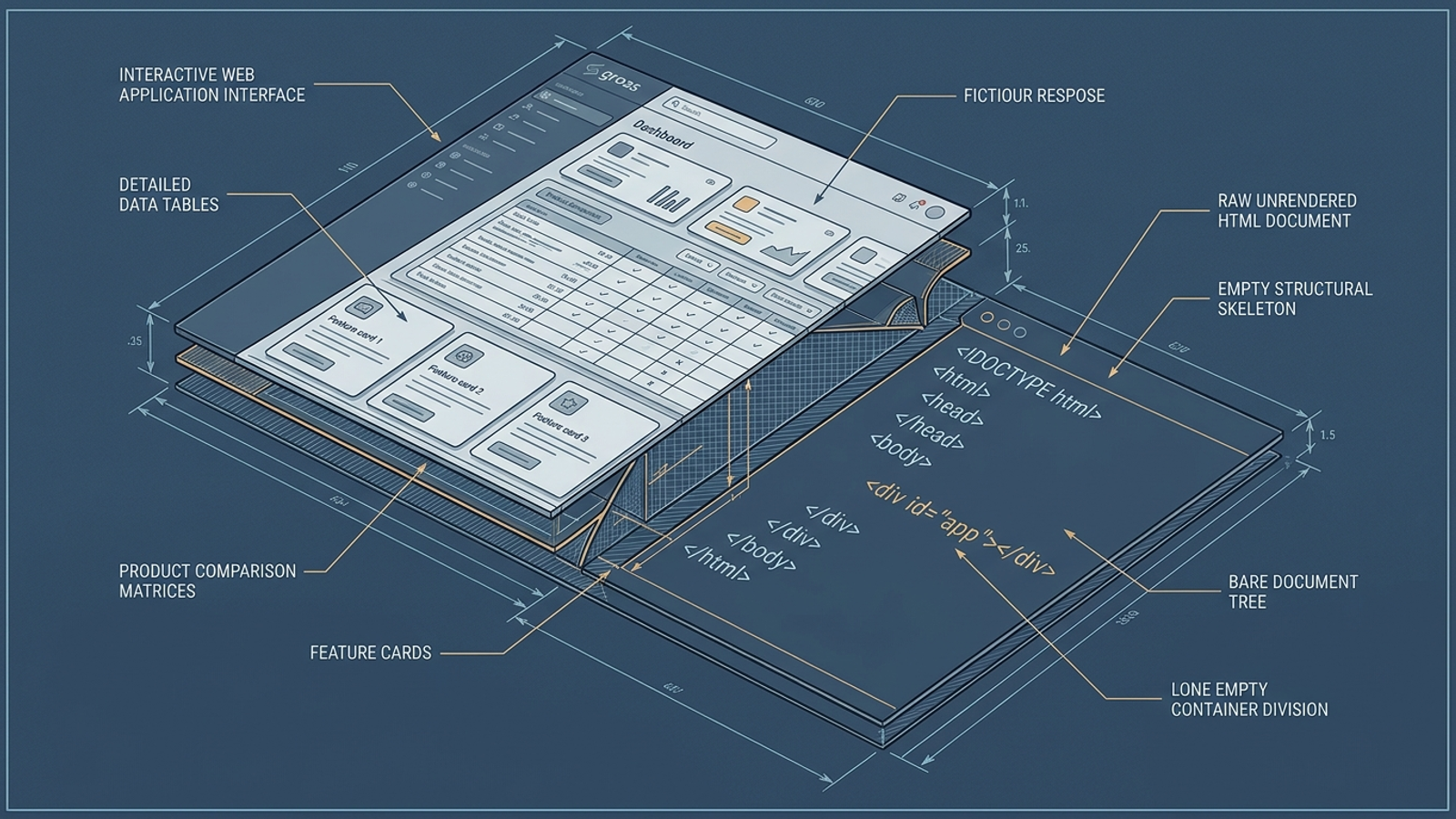 A polished product interface above an HTML shell with no visible product details for a crawler.