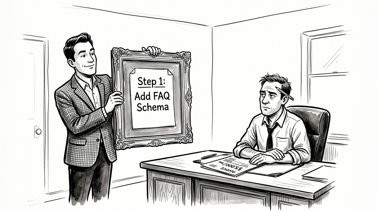 Ink cartoon of a consultant presenting a framed “Add FAQ Schema” checklist beside a $5,000 invoice.