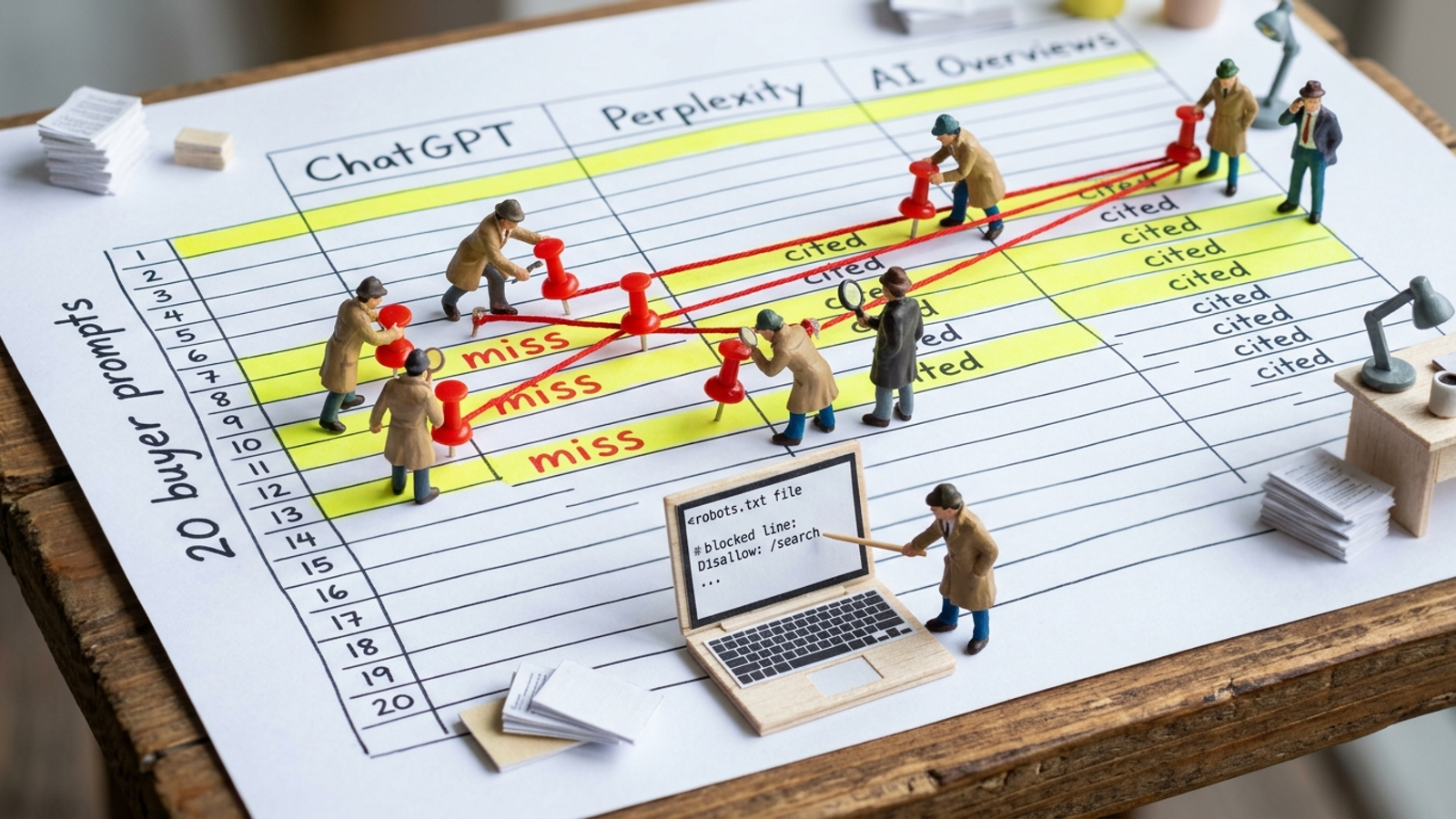 Small investigators mapping buyer prompts and competitor citations across a spreadsheet