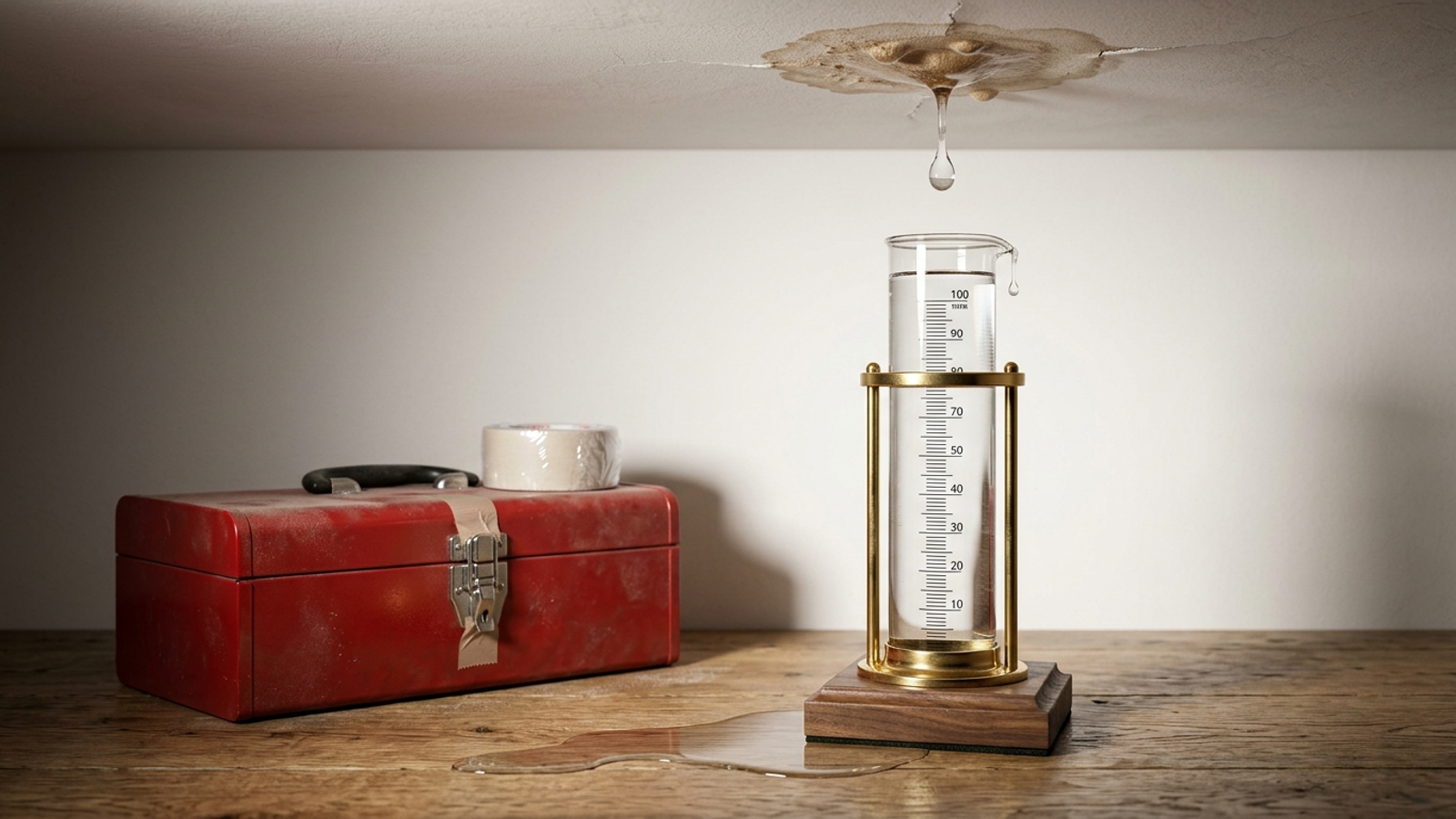 A pricey brass rain gauge precisely measures a ceiling leak while a sealed red toolbox sits unused nearby: the problem is monitored, never fixed.