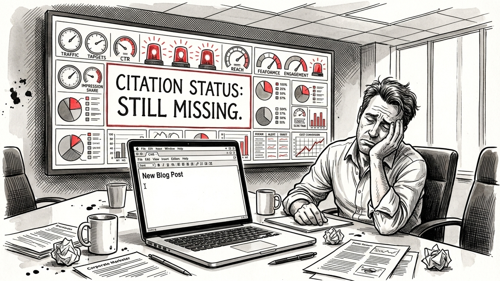 A tired marketer checks a dashboard marked “Still Missing” beside a blank CMS editor.