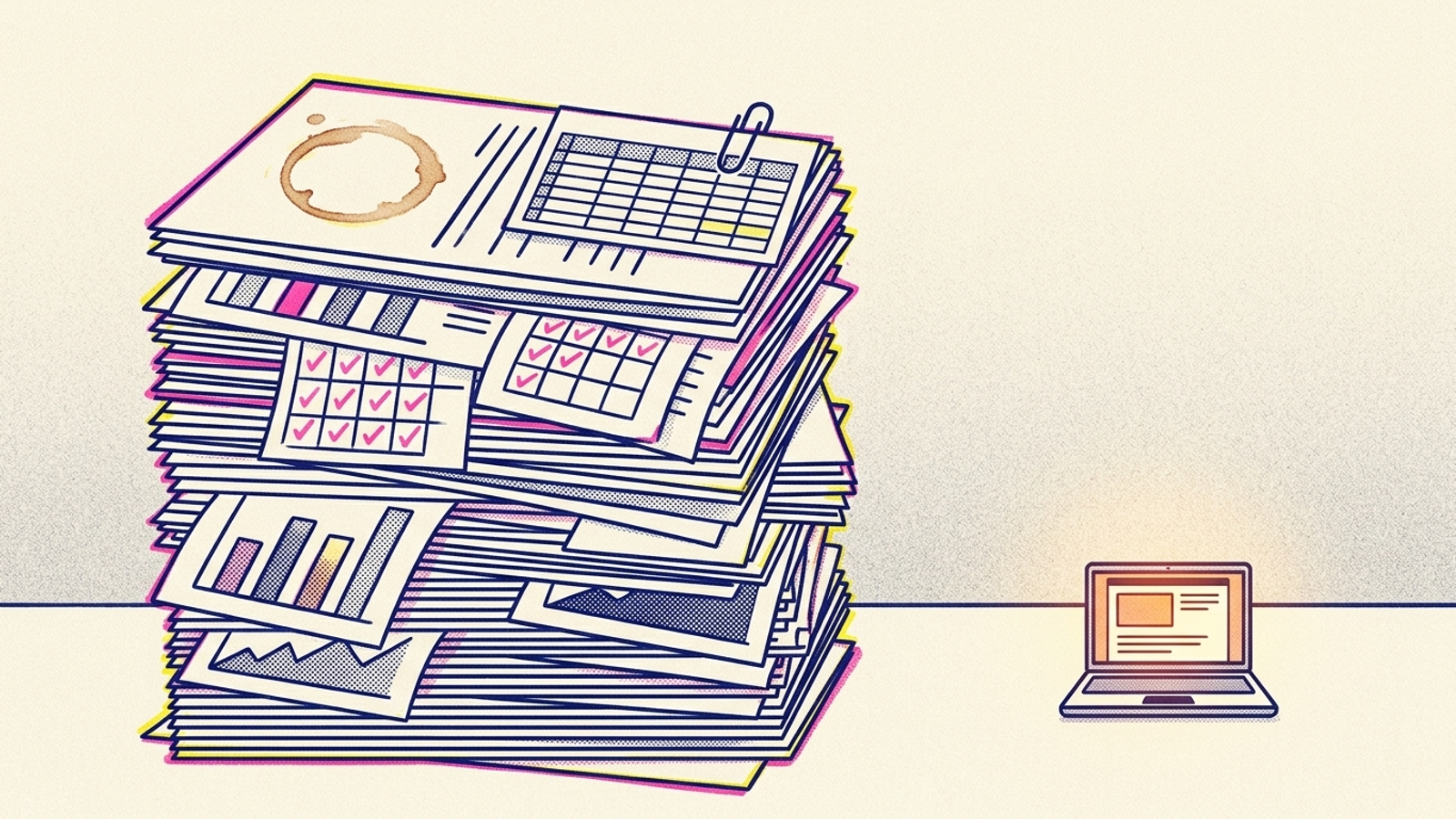 A stack of printed audit pages beside a single published web page