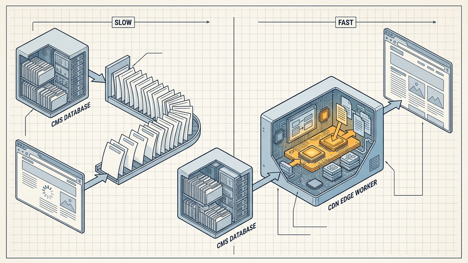 Cutaway diagram comparing CMS publishing with edge injection on a client site