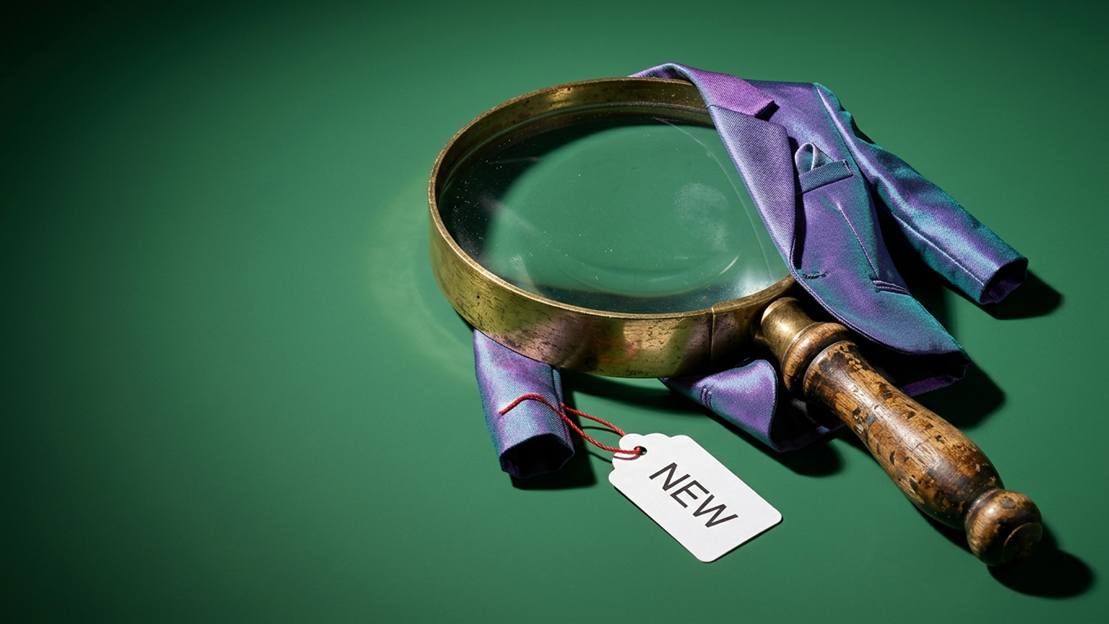 A worn old magnifying glass dressed in a shiny iridescent blazer with a "NEW" price tag: old search jargon resold in a new jacket.
