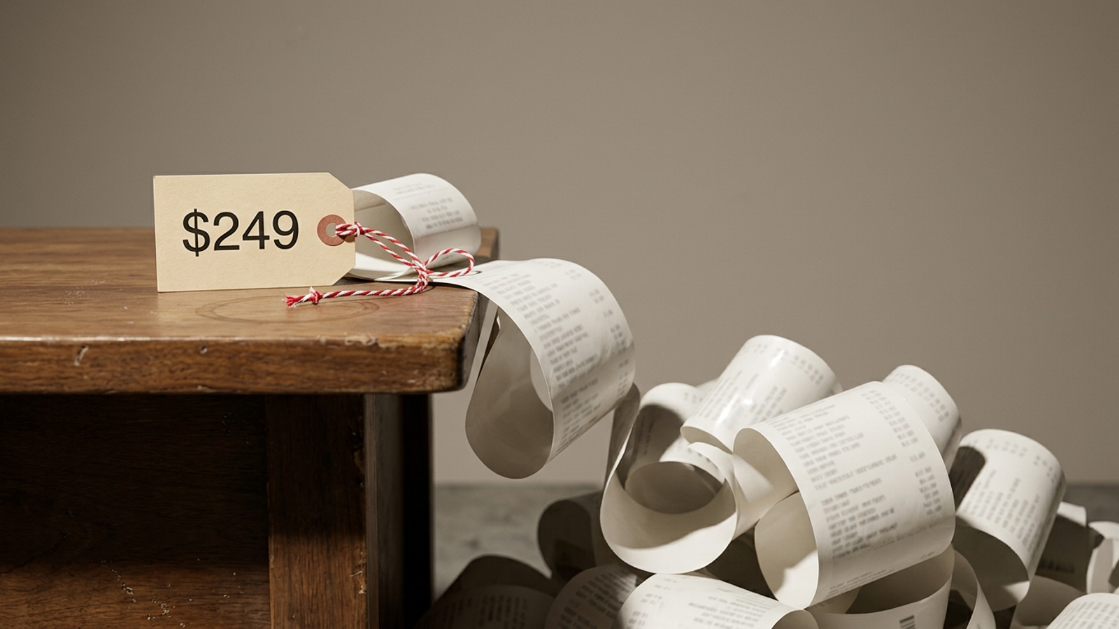 A small $249 price tag tied to an enormously long receipt that spills off a desk and piles on the floor, showing the hidden costs behind the cheap price.