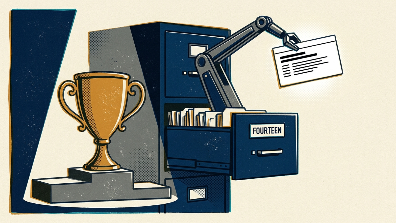 A first-place trophy sits ignored while a mechanical arm selects a card from a filing drawer.