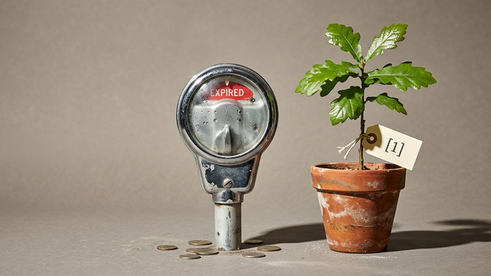 An expired parking meter stands beside a thriving oak sapling tagged '[1]': paid placement runs out, while an earned citation keeps growing.