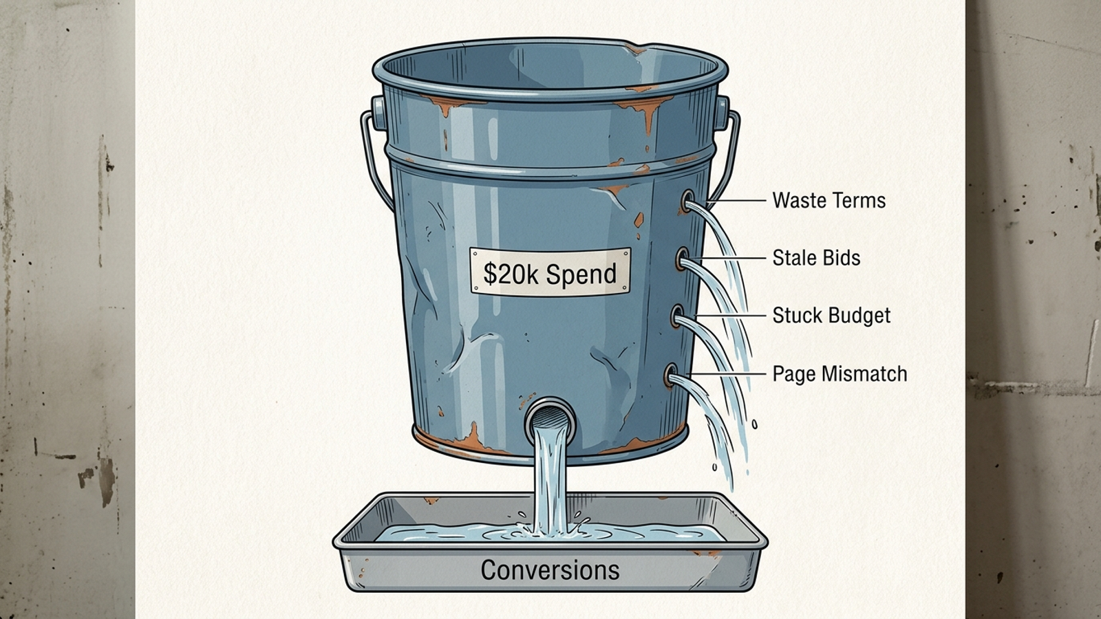 Diagram of a $20k ad budget split between wasted and potentially converting clicks