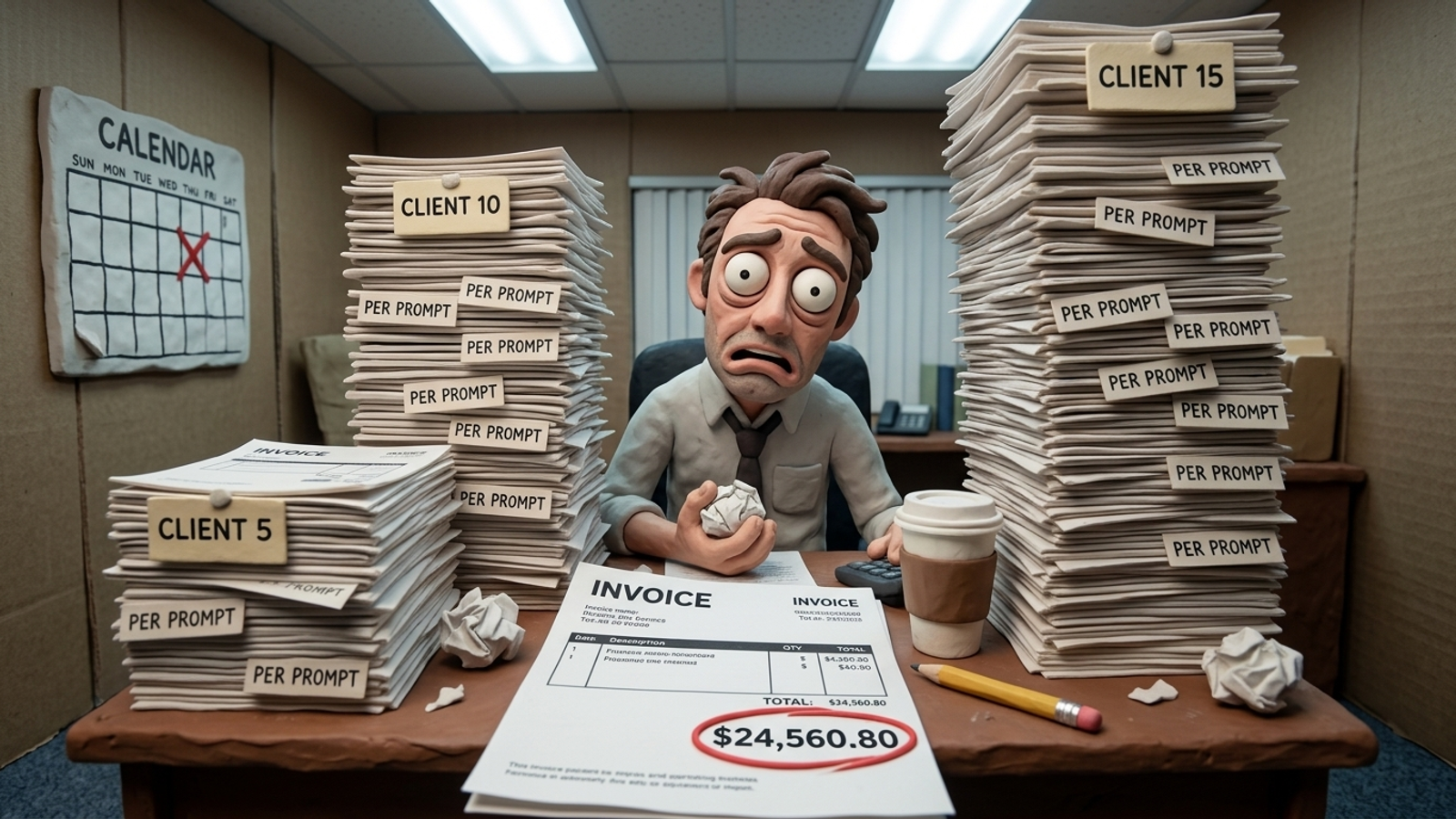 Claymation accountant buried under growing stacks of prompt invoices