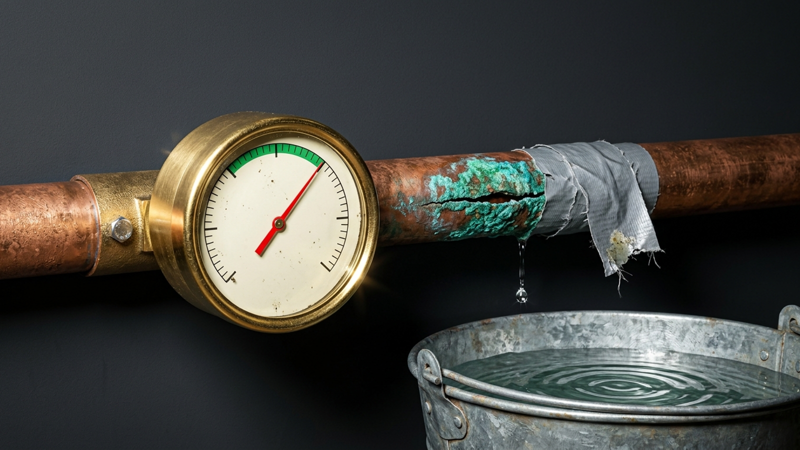 A shiny brass gauge reads in the green on a copper pipe that is leaking into a bucket: the metric looks great while the real problem drips on.