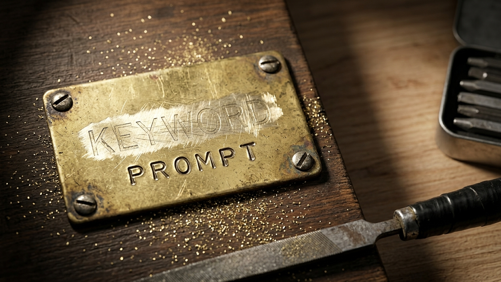 A brass machine plate with 'KEYWORD' filed off and 'PROMPT' freshly stamped below, brass filings and a file beside it: old ad terms relabeled.